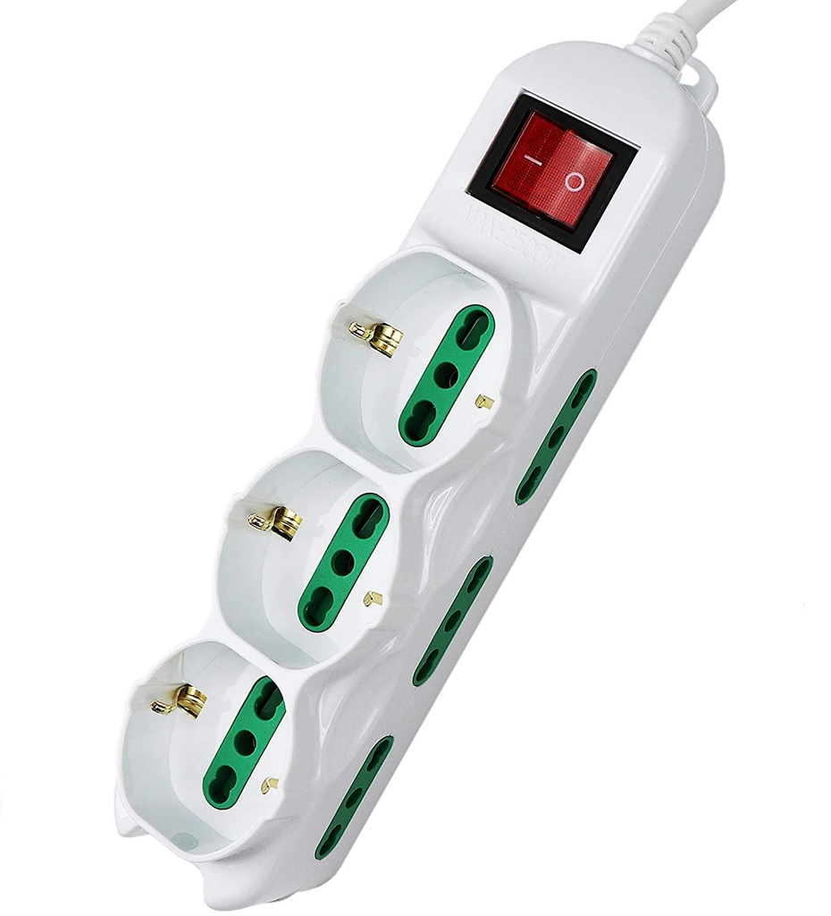 Alargue de 6 tomas de 10A + 3 Shucko con interruptor de encendido